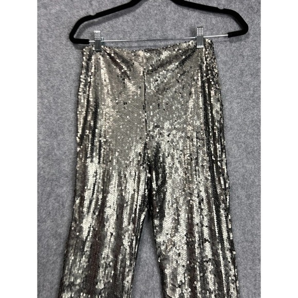 Revolve Pants Women Silver Black Back Zip Pull On Sequin Wide Leg - Picture 2 of 11